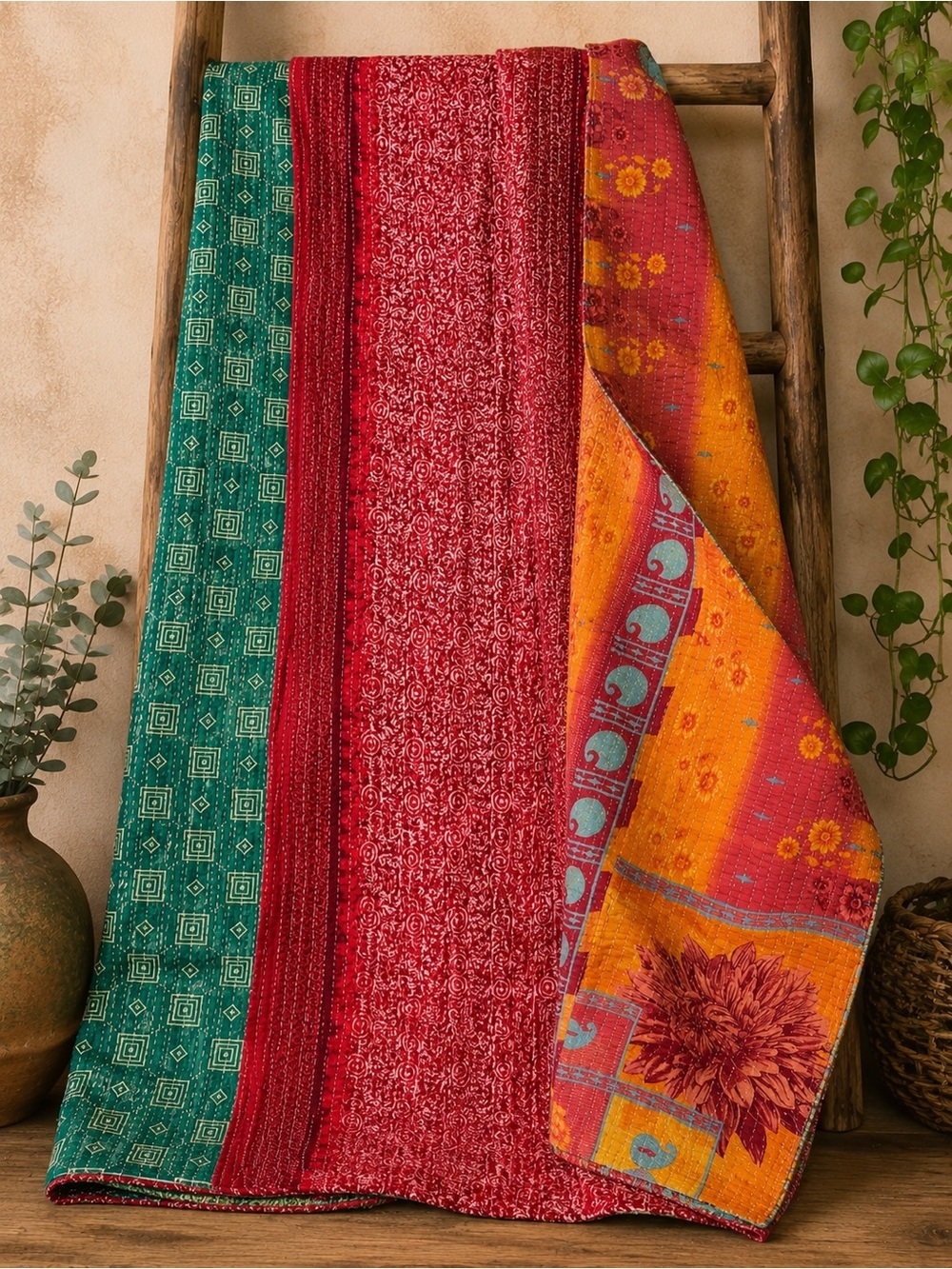 Vintage Handmade Printed Kantha Quilt India Sari Throw Blanket Twin 52x80